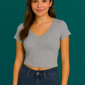 BOZZOLO Gray Ribbed Knit Crop Top V‑Neck Short Sleeve Tee Junior M